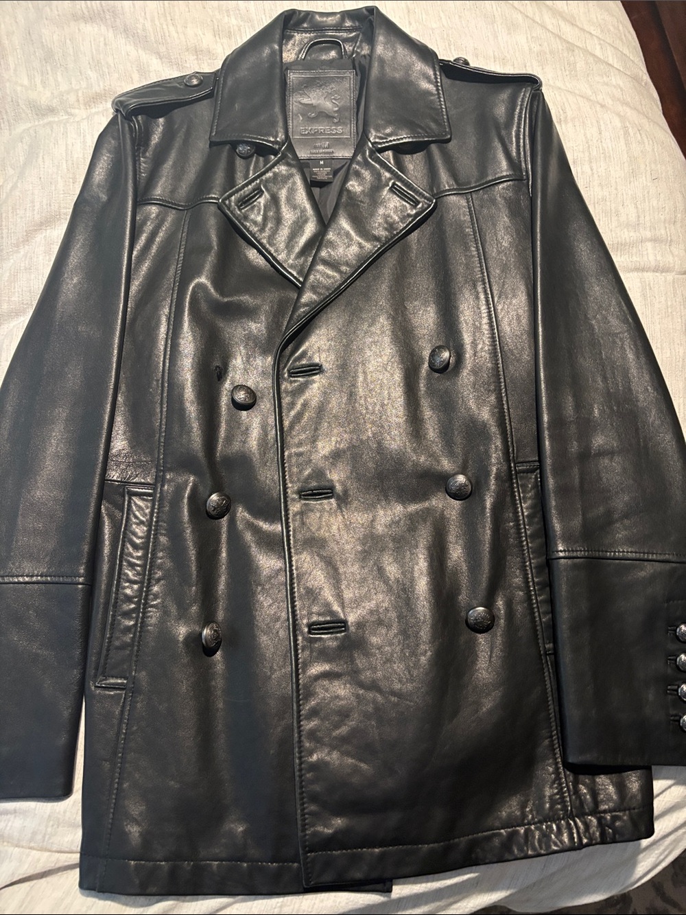 Express Men’s Black Double-Breasted Leather Peacoat